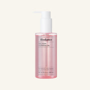 ProtoClinical k-beauty Biodance Collagen Cleansing Oil 200ml in a single tall pale pink cleansing oil bottle centered on a soft beige background.