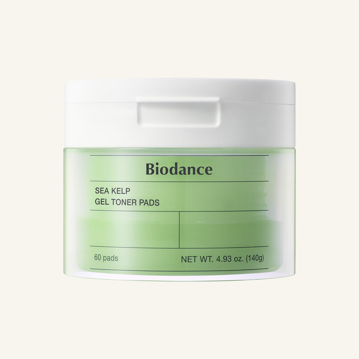 ProtoClinical k-beauty BIODANCE: Sea Kelp Gel Toner Pads 140g/ (60Units) single toner pad container shown upright and centered on a light background
