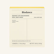 ProtoClinical k-beauty Biodance Radiant Vita Niacinamide Real Deep Mask 34g X 4ea single sheet mask package shown upright and centered on a light background