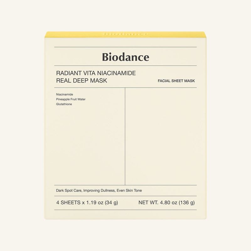 ProtoClinical k-beauty Biodance Radiant Vita Niacinamide Real Deep Mask 34g X 4ea single sheet mask package shown upright and centered on a light background
