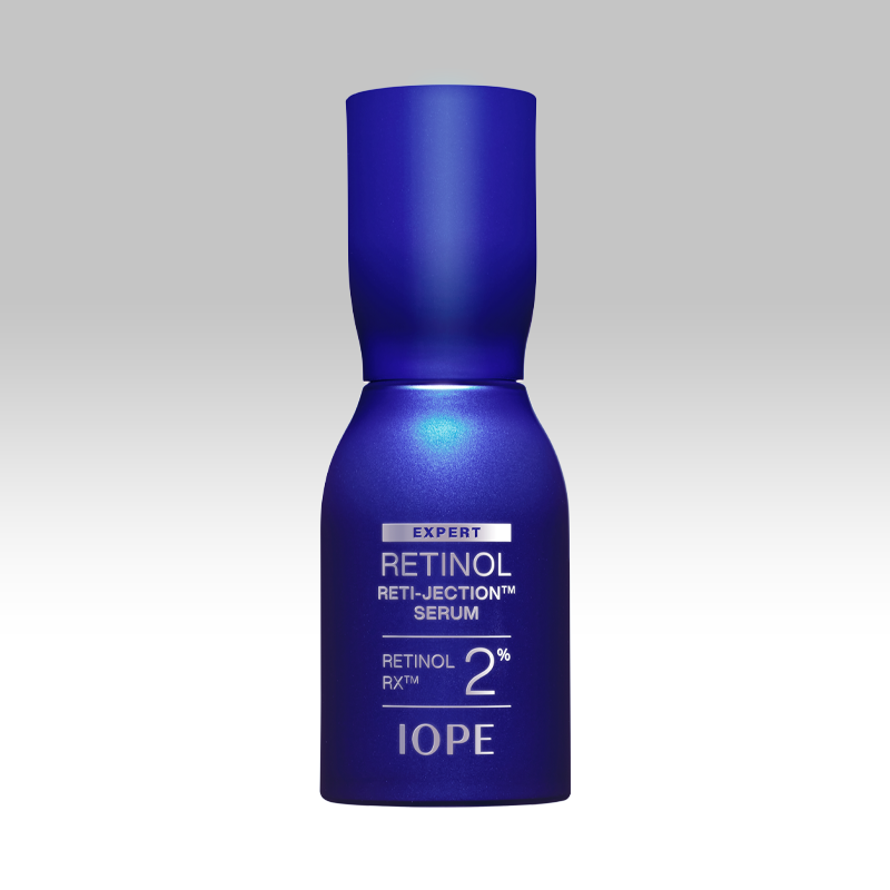 ProtoClinical k-beauty IOPE RETINOL RETI-JECTION SERUM 50ml in purple serum packaging on a soft cream background