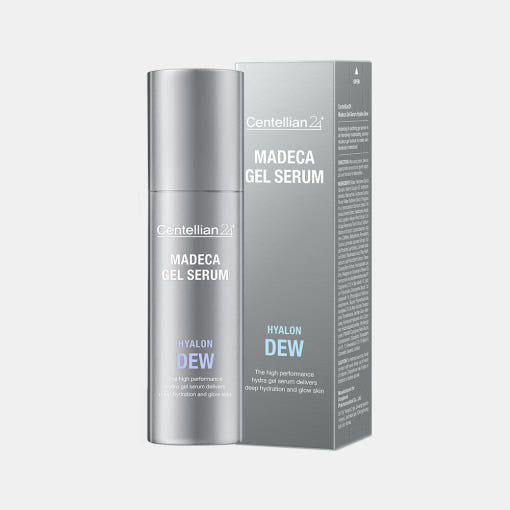 ProtoClinical k-beauty CENTELLIAN24 MADECA Gel Serum Hyalon Dew 30ml single upright gel serum package centered on a light background with a soft gray center panel