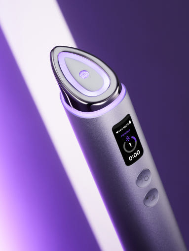 ProtoClinical k-beauty lavender beauty product packaging on a dark purple background.