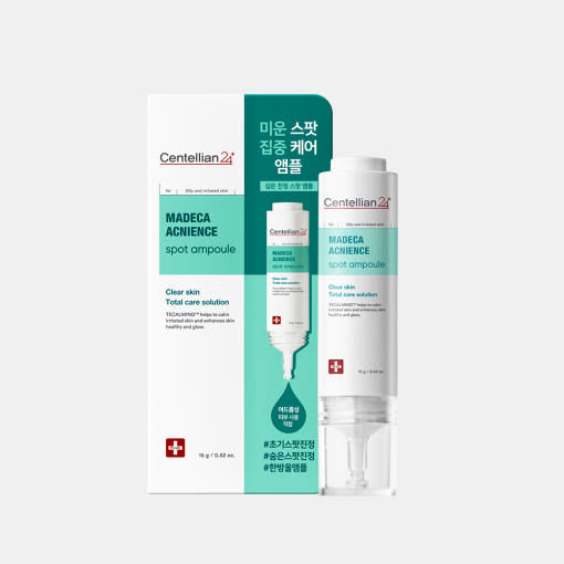 ProtoClinical k-beauty CENTELLIAN24 Medeca Acnience Spot Ampoule 15g single upright teal ampoule package centered on a light background with pale pink side tones