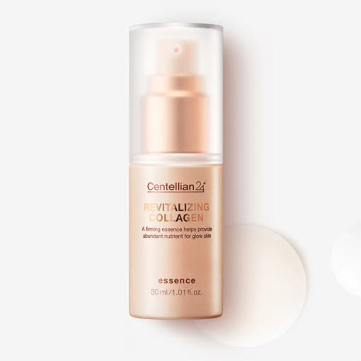 ProtoClinical k-beauty CENTELLIAN24 Revitalizing Collagen Essence 30ml single upright blue essence bottle centered on a light background with pale yellow side tones