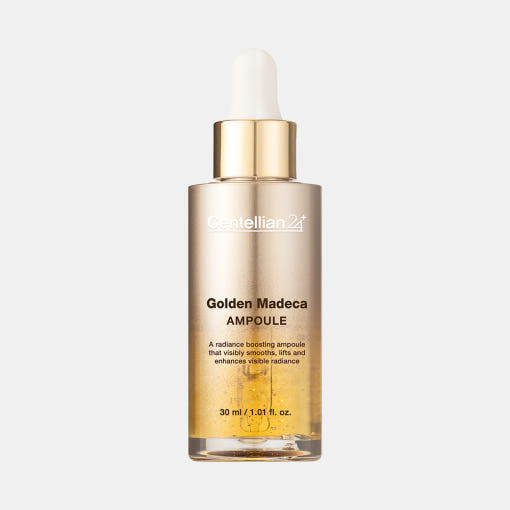 ProtoClinical k-beauty CENTELLIAN24 Golden Madeca Ampoule 30ml single upright beige ampoule bottle centered on a light background with pale blue side tones