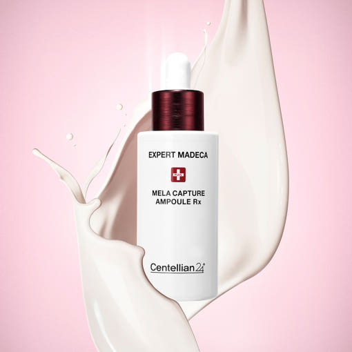 ProtoClinical k-beauty CENTELLIAN24 Expert Madeca Mela Capture Ampoule Rx 28ml single upright ampoule package centered on a light background with a teal body and soft pink side tones