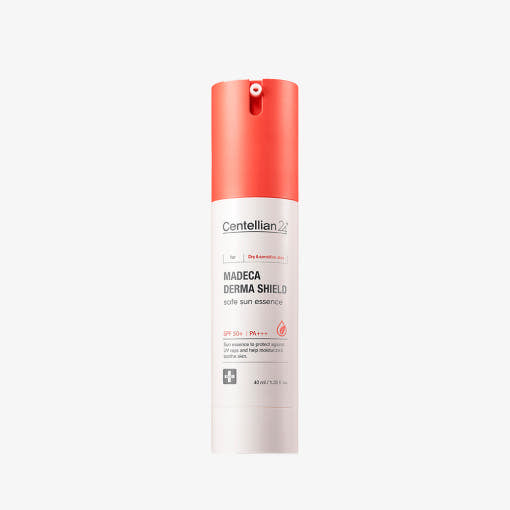 ProtoClinical k-beauty CENTELLIAN24 Madeca Derma Shield Safe Sun Essence 40ml with a warm brown vertical silhouette and pale blue side accents on a light background