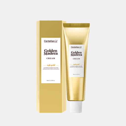 ProtoClinical k-beauty CENTELLIAN24 Golden Madeca Cream 80ml single upright cream package centered on a light background with a pale gold body and soft blue side tones