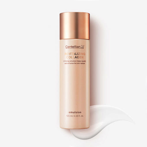 ProtoClinical k-beauty CENTELLIAN24 Revitalizing Collagen Emulsion 120ml single upright beige bottle centered on a pale blue and cream background