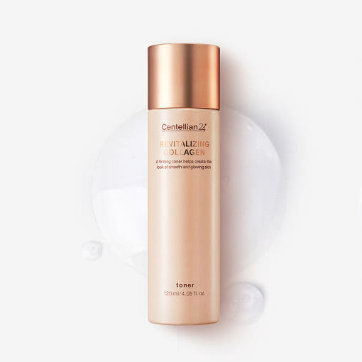 ProtoClinical k-beauty CENTELLIAN24 Revitalizing Collagen Toner 120ml single upright beige bottle centered on a pale blue and cream background