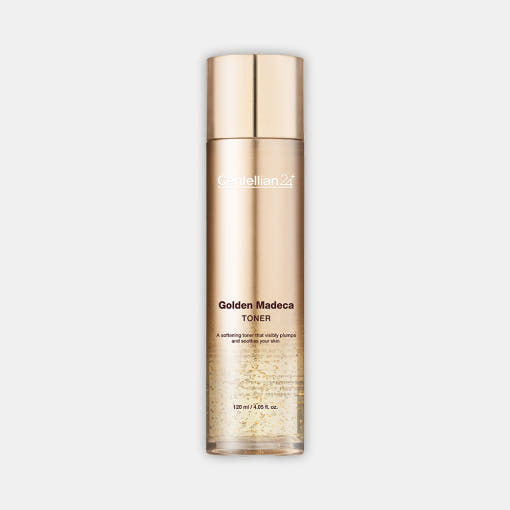 ProtoClinical k-beauty CENTELLIAN24 Golden Madeca Toner 120ml single upright beige bottle centered on a pale blue and cream background