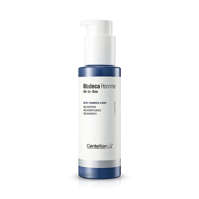ProtoClinical k-beauty CENTELLIAN24 Homme All-In-One Moisture Essence 125ml single upright blue-gray bottle centered on a pale background with soft side shadows