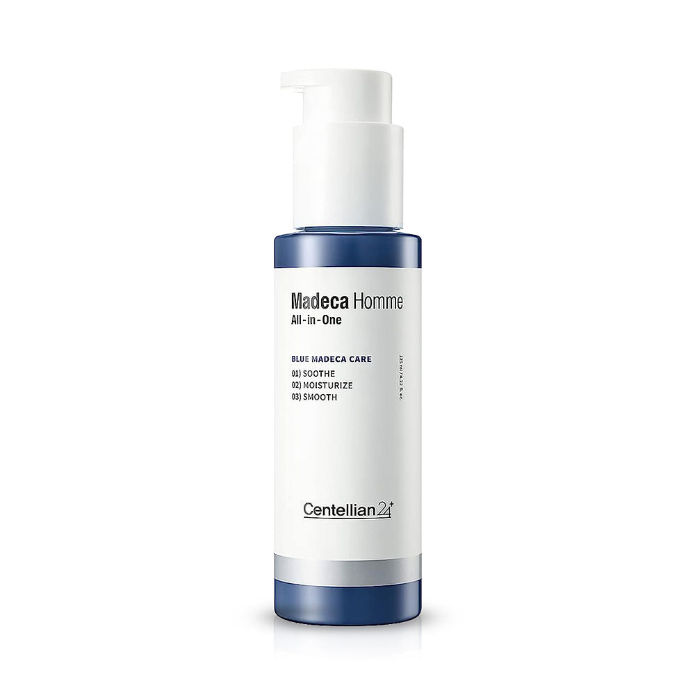 ProtoClinical k-beauty CENTELLIAN24 Homme All-In-One Moisture Essence 125ml single upright blue-gray bottle centered on a pale background with soft side shadows