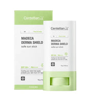 ProtoClinical k-beauty CENTELLIAN24 Madeca Derma Shield Safe Sun Stick SPF50+ PA++++ 18g with a white sun stick standing in front of a matching green-and-white box on a clean white background