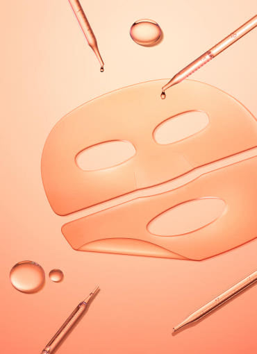 ProtoClinical k-beauty CENTELLIAN24: Madeca Lab PDRN Skin Tightening Glow Gel Mask Ea (23ml x 5) two peach gel mask sheets laid flat with clear droplets and pink pipettes on a peach background
