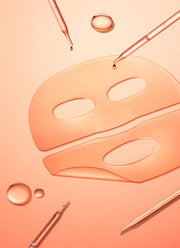 ProtoClinical k-beauty CENTELLIAN24: Madeca Lab PDRN Skin Tightening Glow Gel Mask Ea (23ml x 5) two peach gel mask sheets laid flat with clear droplets and pink pipettes on a peach background