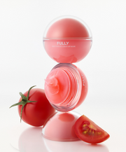 ProtoClinical k-beauty FULLY RED TOMATO JELLY LIP MASK 12g with an open glossy pink jelly jar, a closed round pink jar stacked above, and whole and sliced tomato on a white reflective surface