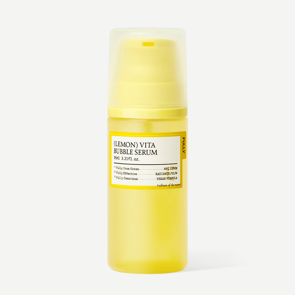 ProtoClinical k-beauty FULLY LEMON VITA BUBBLE SERUM 95ml single upright yellow serum bottle centered on a pale blue and white background