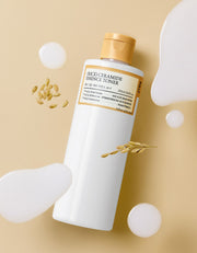 ProtoClinical k-beauty FULLY RICE CERAMIDE ESSENCE TONER 250ml single upright beige toner bottle centered on a pale beige background
