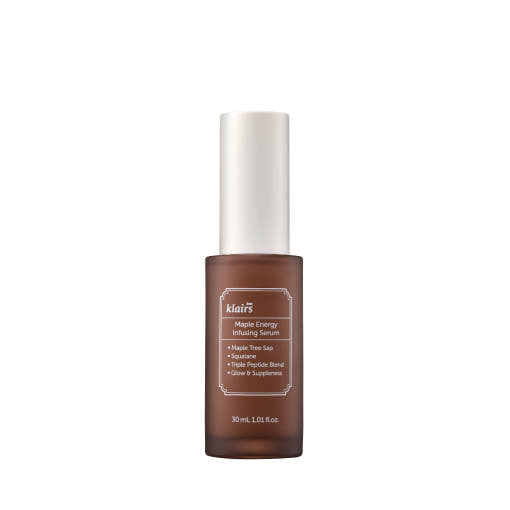 ProtoClinical k-beauty KLAIRS Maple Energy Infusing Serum 30ml as a single upright brown serum bottle centered on a white background with pale blue side accents