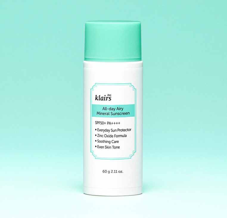ProtoClinical k-beauty KLAIRS All-day Airy Mineral Sunscreen SPF50+ PA++++ 60g single mint-green sunscreen tube centered vertically on a pale aqua and white background.