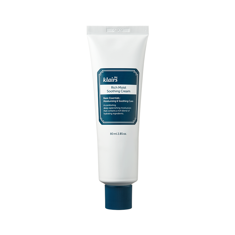 ProtoClinical k-beauty Klairs Rich Moist Soothing Cream 20g as a single centered blue-gray cream package on a white background with dark side panels