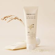 ProtoClinical k-beauty [THANK YOU FARMER] Rice Pure Barrier Capsule Cream 80ml with one upright cream tube, a second tube laid behind it, and rice grain accents on a warm beige background