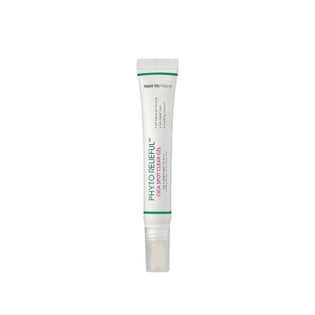 ProtoClinical k-beauty [THANK YOU FARMER] Phyto Relieful Cica Spot Clear Gel 20ml shown as a single centered upright product package with soft beige and muted green tones on a light background.