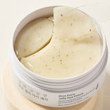 ProtoClinical k-beauty [THANK YOU FARMER] Rice Pure Jelly Eye Patch 84g/60ea square eye patch detail graphic with pale jar packaging and beige gel patch panels