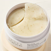 ProtoClinical k-beauty [THANK YOU FARMER] Rice Pure Jelly Eye Patch 84g/60ea square eye patch detail graphic with pale jar packaging and beige gel patch panels