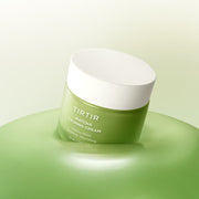 ProtoClinical k-beauty soft peach and green beauty graphic with blurred vertical shapes on a light background.
