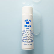 ProtoClinical k-beauty [NATURE REPUBLIC] MAN IN BLUE TONER 150ml abstract beauty graphic with aqua side panels and a muted gray vertical center on a light background.