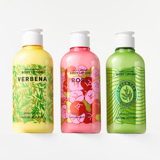 ProtoClinical k-beauty [NATURE REPUBLIC] Bath And Nature Body Lotion 250ml (3types) three upright body lotion bottles in green, beige, and pink packaging on a light background.