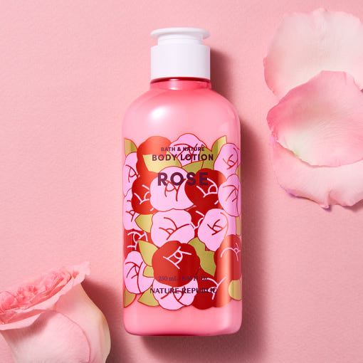 ProtoClinical k-beauty [NATURE REPUBLIC] Bath And Nature Body Lotion 250ml (3types) single upright pink body lotion bottle on a soft pink background.