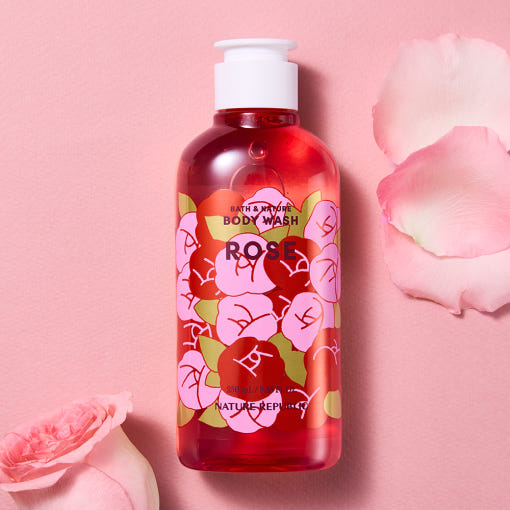 ProtoClinical k-beauty [NATURE REPUBLIC] Bath And Nature Body Wash 250ml (3types) single upright pink body wash bottle on a soft pink background.