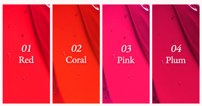 ProtoClinical k-beauty [NATURE REPUBLIC] Water Melting Fixing Tint 3.6g (4colors) shade chart with four horizontal red, coral, pink, and plum swatches labeled 01 Red, 02 Coral, 03 Pink, and 04 Plum