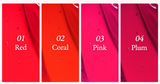 ProtoClinical k-beauty [NATURE REPUBLIC] Water Melting Fixing Tint 3.6g (4colors) shade chart with four horizontal red, coral, pink, and plum swatches labeled 01 Red, 02 Coral, 03 Pink, and 04 Plum