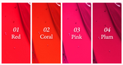 ProtoClinical k-beauty [NATURE REPUBLIC] Water Melting Fixing Tint 3.6g (4colors) shade chart with four horizontal red, coral, pink, and plum swatches labeled 01 Red, 02 Coral, 03 Pink, and 04 Plum
