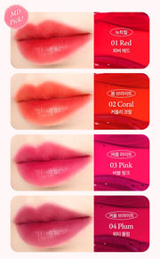 ProtoClinical k-beauty [NATURE REPUBLIC] Water Melting Fixing Tint 3.6g (4colors) comparison sheet with four close-up lip swatches beside matching red, coral, pink, and plum product panels on a pale background