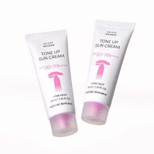 ProtoClinical k-beauty [NATURE REPUBLIC] UV CUT BAOBAB Tone Up Sun Cream SPF50+ PA++++ 40ml+40ml two upright light gray sun cream packages on a light background.