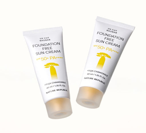 ProtoClinical k-beauty [NATURE REPUBLIC] UV CUT BAOBAB Foundation Free Sun Cream SPF50+ PA++++ 40ml+40ml two upright light gray sun cream packages on a light background.