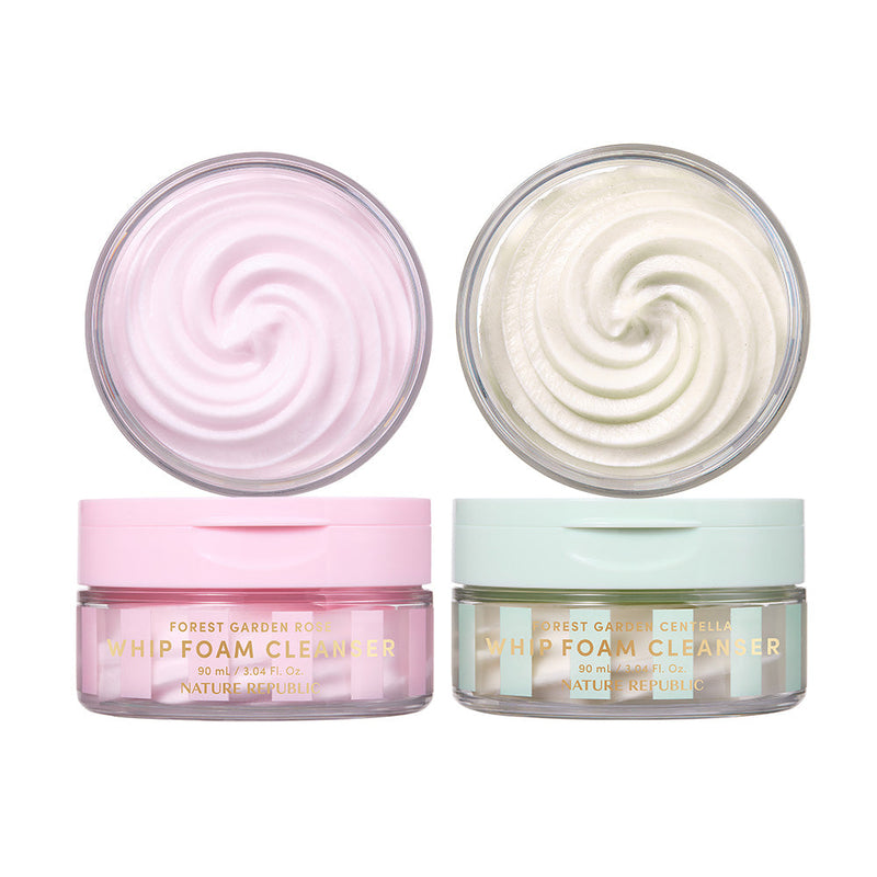 ProtoClinical k-beauty [NATURE REPUBLIC] Forest Garden Whip Foam Cleanser 90ml (2types) two upright cleanser tubes in pink and green packaging on a light background.