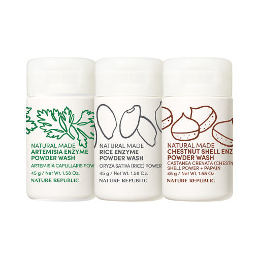 ProtoClinical k-beauty [NATURE REPUBLIC] Natural Made Enzyme Powder Wash 45g (3types) abstract beauty graphic with two soft taupe square forms on a pale cream background.