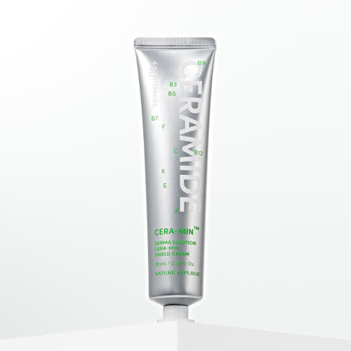 ProtoClinical k-beauty [NATURE REPUBLIC] Derma Solution CERA-MIN Shield Cream 70ml in a soft gray vertical silhouette with pale blue side panels on a light background