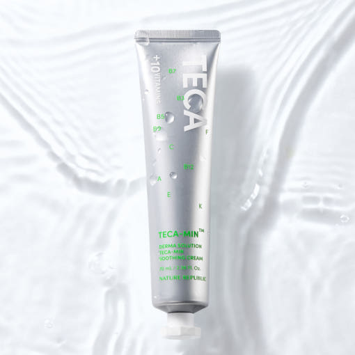 ProtoClinical k-beauty [NATURE REPUBLIC] Derma Solution TECA-MIN Soothing Cream 70ml in a pale gray vertical silhouette with soft blue side panels on a light background