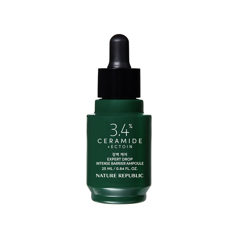 ProtoClinical k-beauty [NATURE REPUBLIC] Expert Drop Intense Barrier Ampoule 25ml dark green bottle silhouette with soft lilac side panels on a light background.