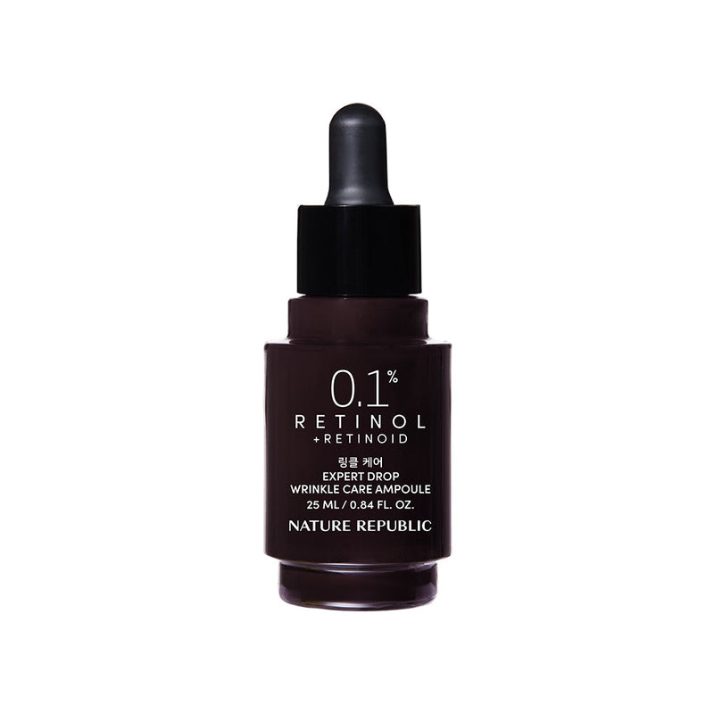 ProtoClinical k-beauty [NATURE REPUBLIC] Expert Drop Wrinkle Care Ampoule 25ml abstract beauty graphic with a soft white ribbon shape, gray-beige edges, and pale lilac accents on a light background.