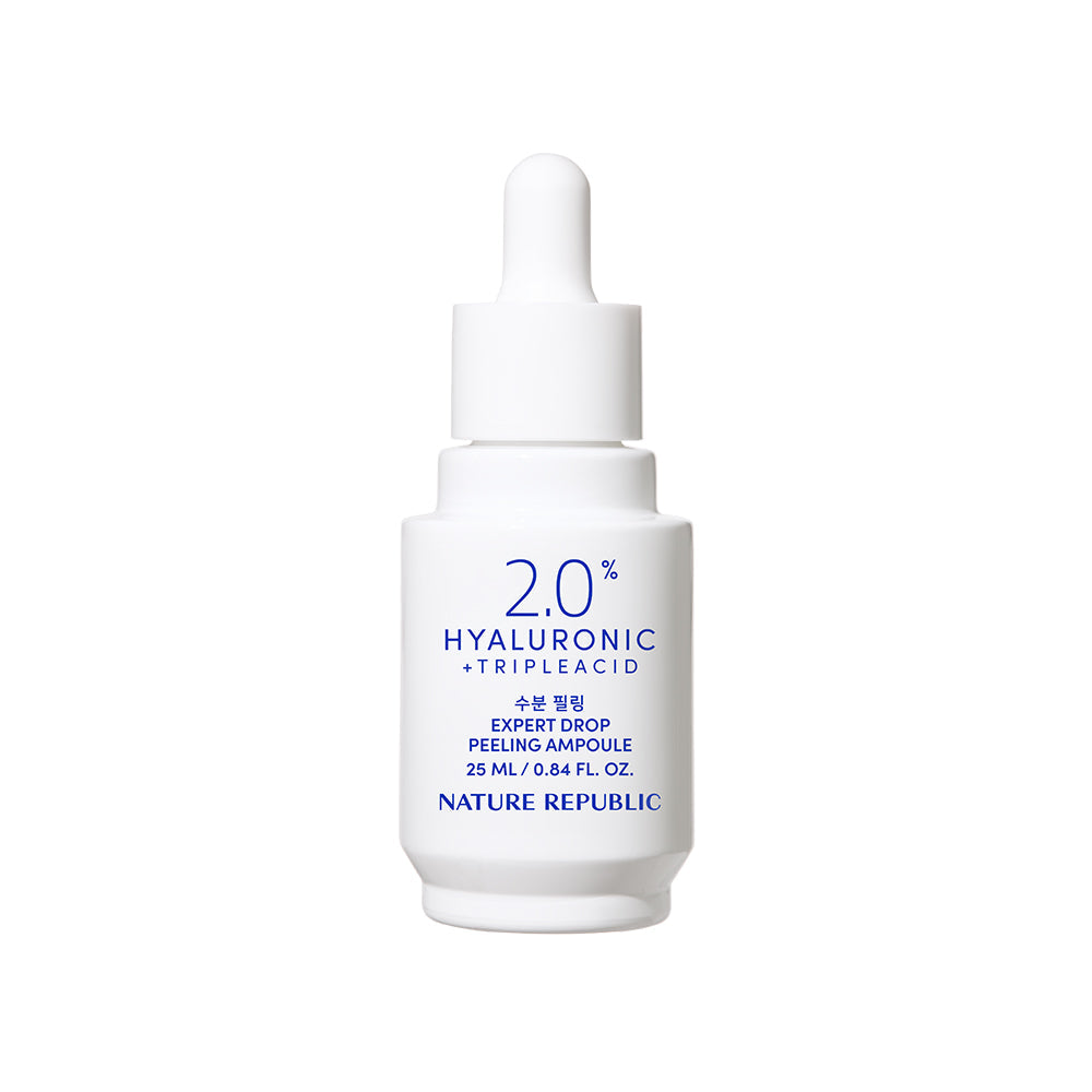 ProtoClinical k-beauty [NATURE REPUBLIC] Expert Drop Peeling Ampoule 25ml abstract beauty graphic with a pale blush vertical center, soft mint side panels, and a clean white background