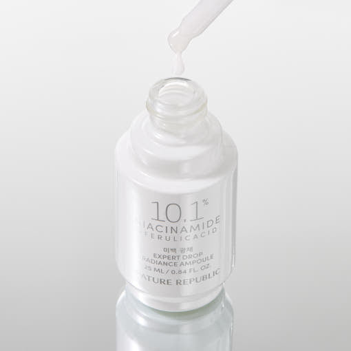 ProtoClinical k-beauty [NATURE REPUBLIC] Expert Drop Radiance Ampoule 25ml abstract beauty graphic with a soft gray vertical center, pale lavender edges, and faint pink side accents on a light background